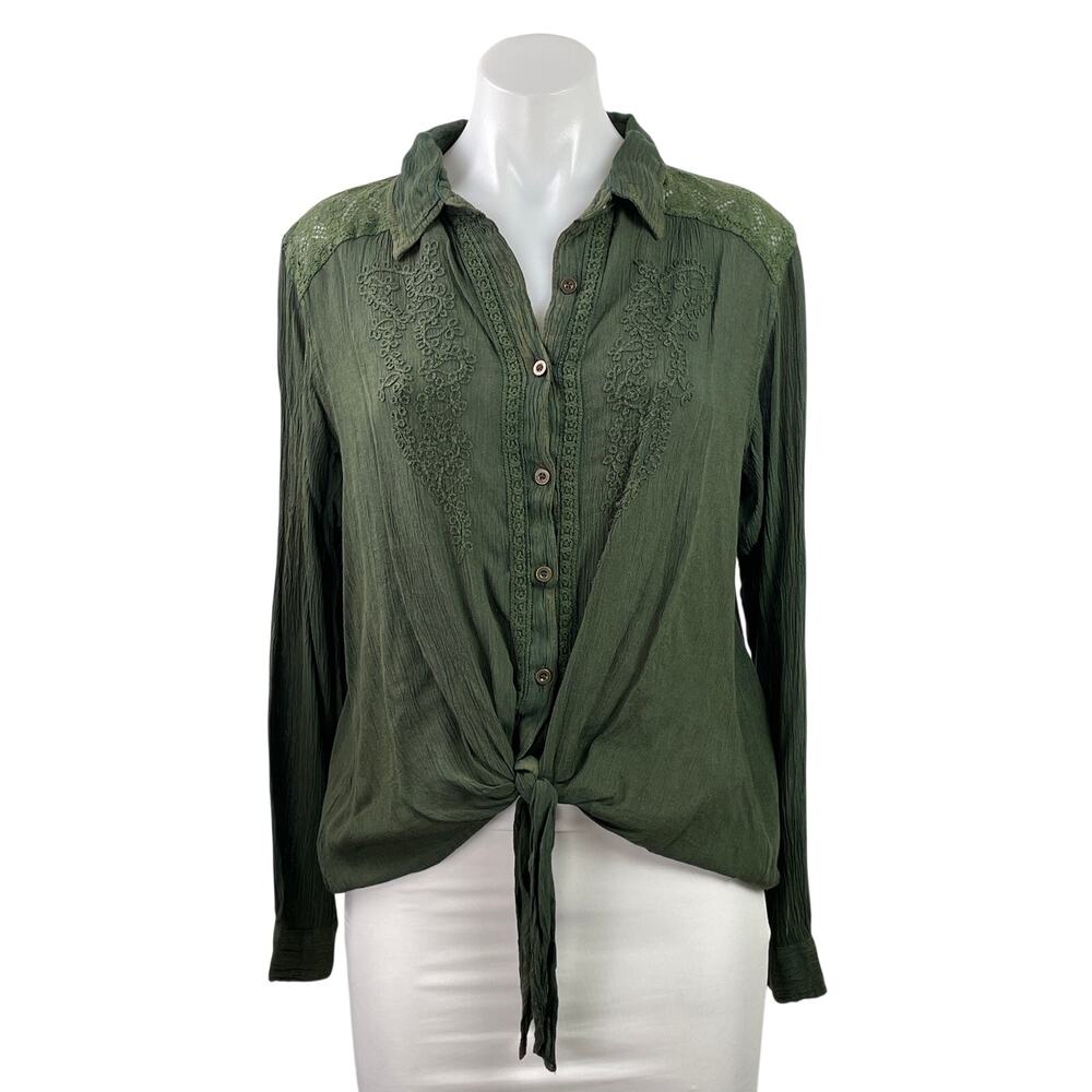 Lola P Women's Green Long Sleeve Embroidered Lace Button Down Shirt Top Size S